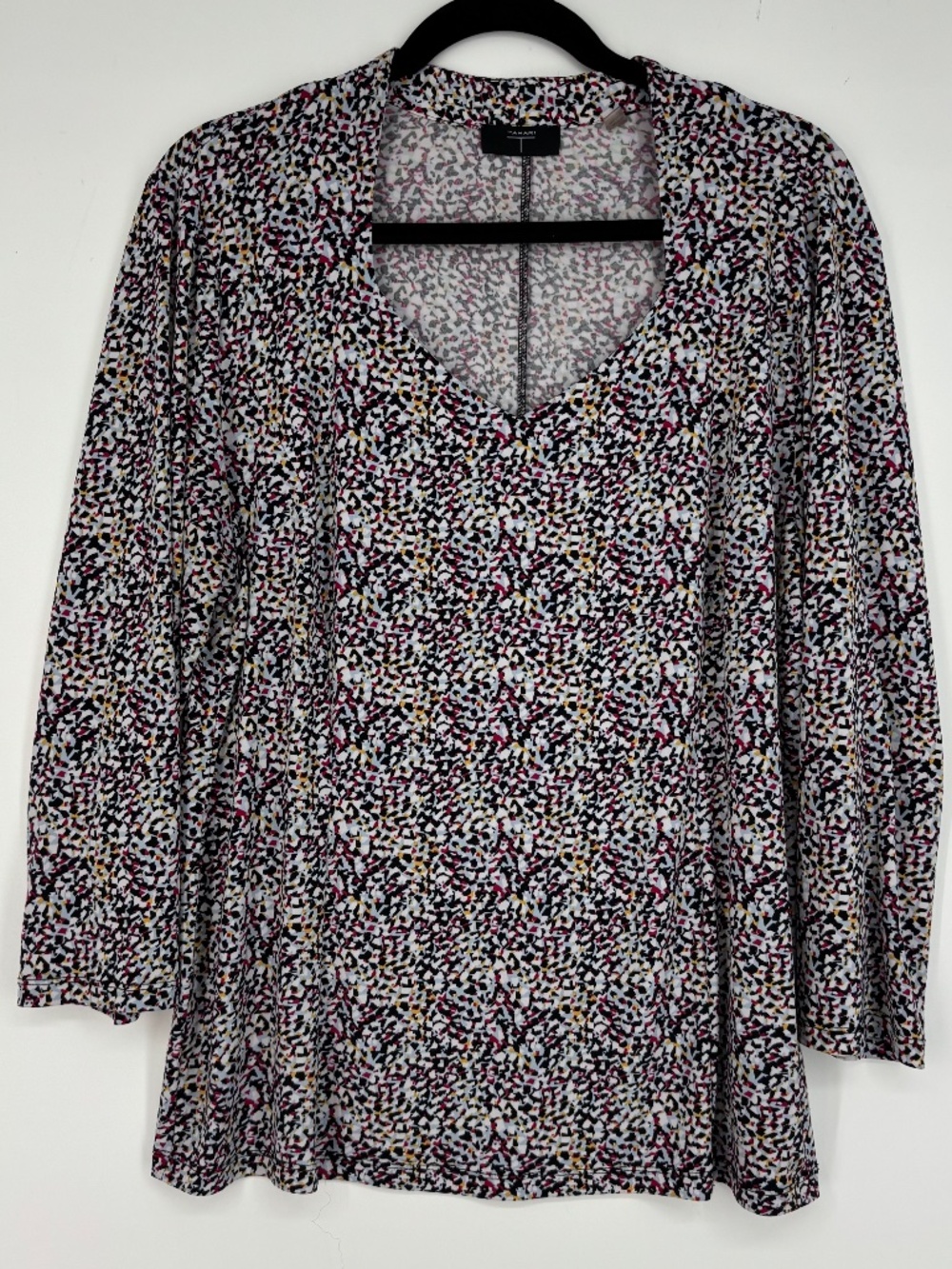 T by Tahari Womens XL Pullover Knit Top Black Blue Pink Speckles V-Neck 3/4 Slv